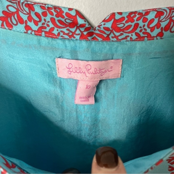 Lilly Pulitzer Turquoise Blue Sand Piper Silk Shift Dress Size 10 Puff Sleeves - Picture 5 of 8